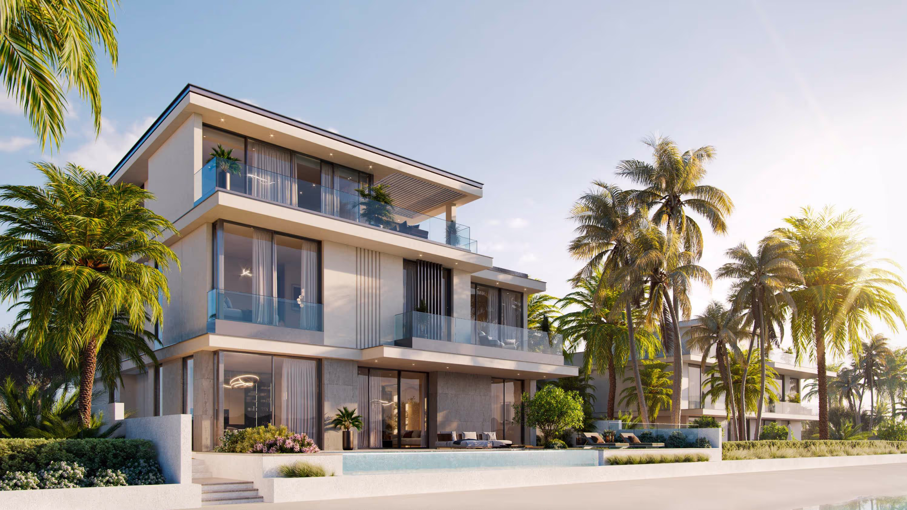 A stunning vista of the Aquamarina beachfront villa in Palm Jebel Ali.