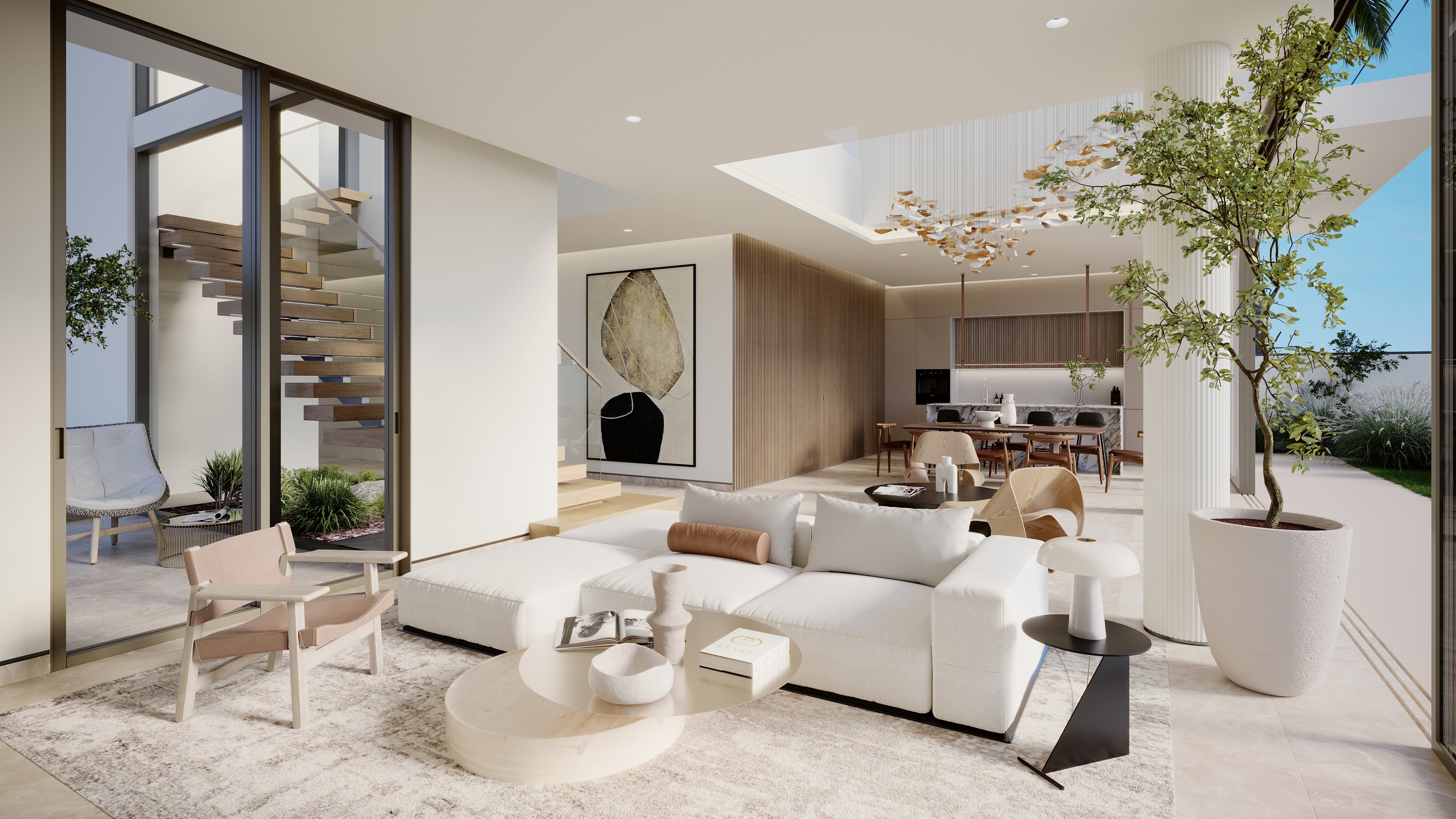 A modern home interior featuring a minimalist staircase with clean lines and a tree adding a touch of organic form to the space.