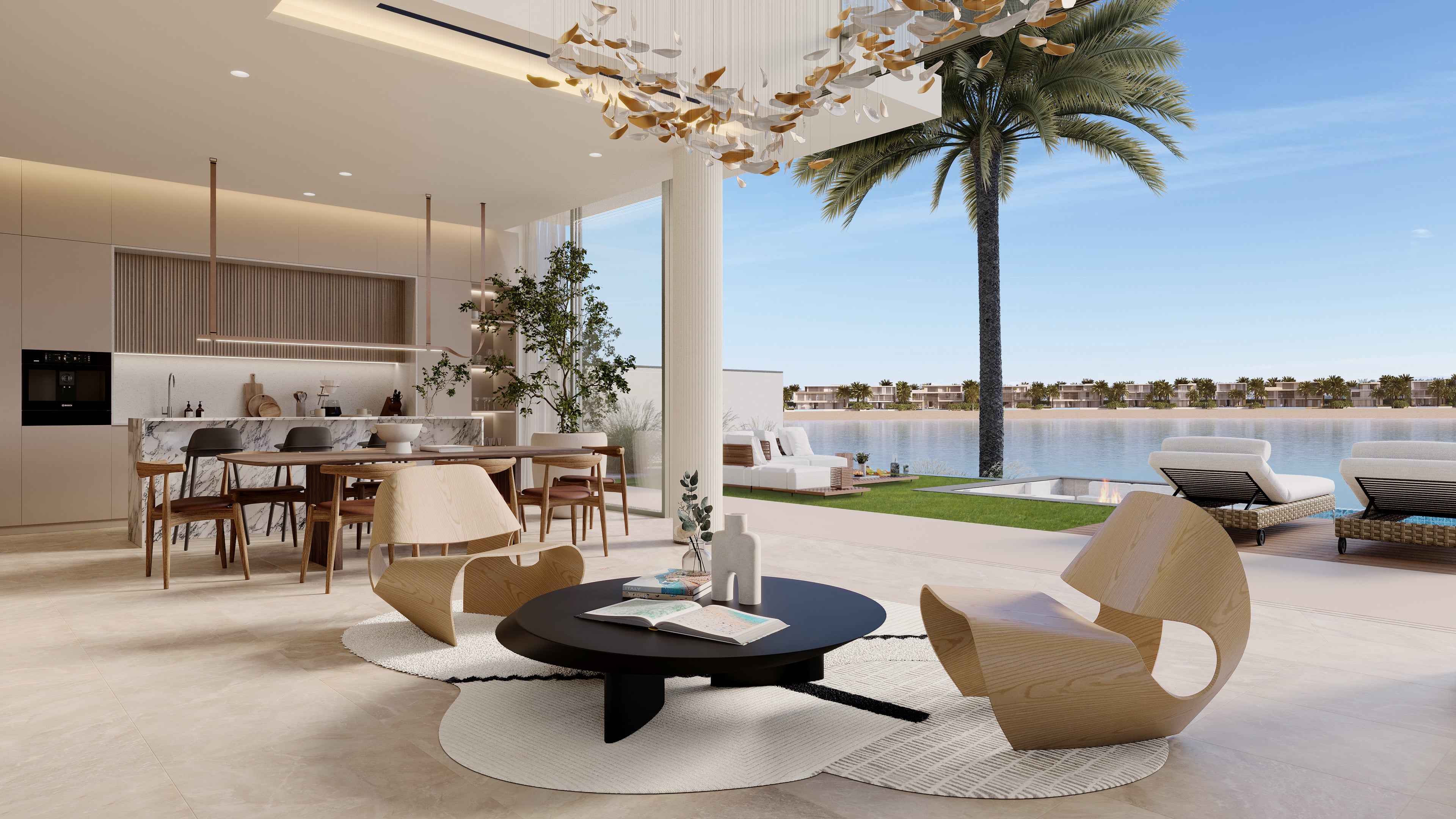 A luxurious living space featuring a designer table and chairs, bathed in warm light from a chandelier, with a breathtaking vista of a lake.
