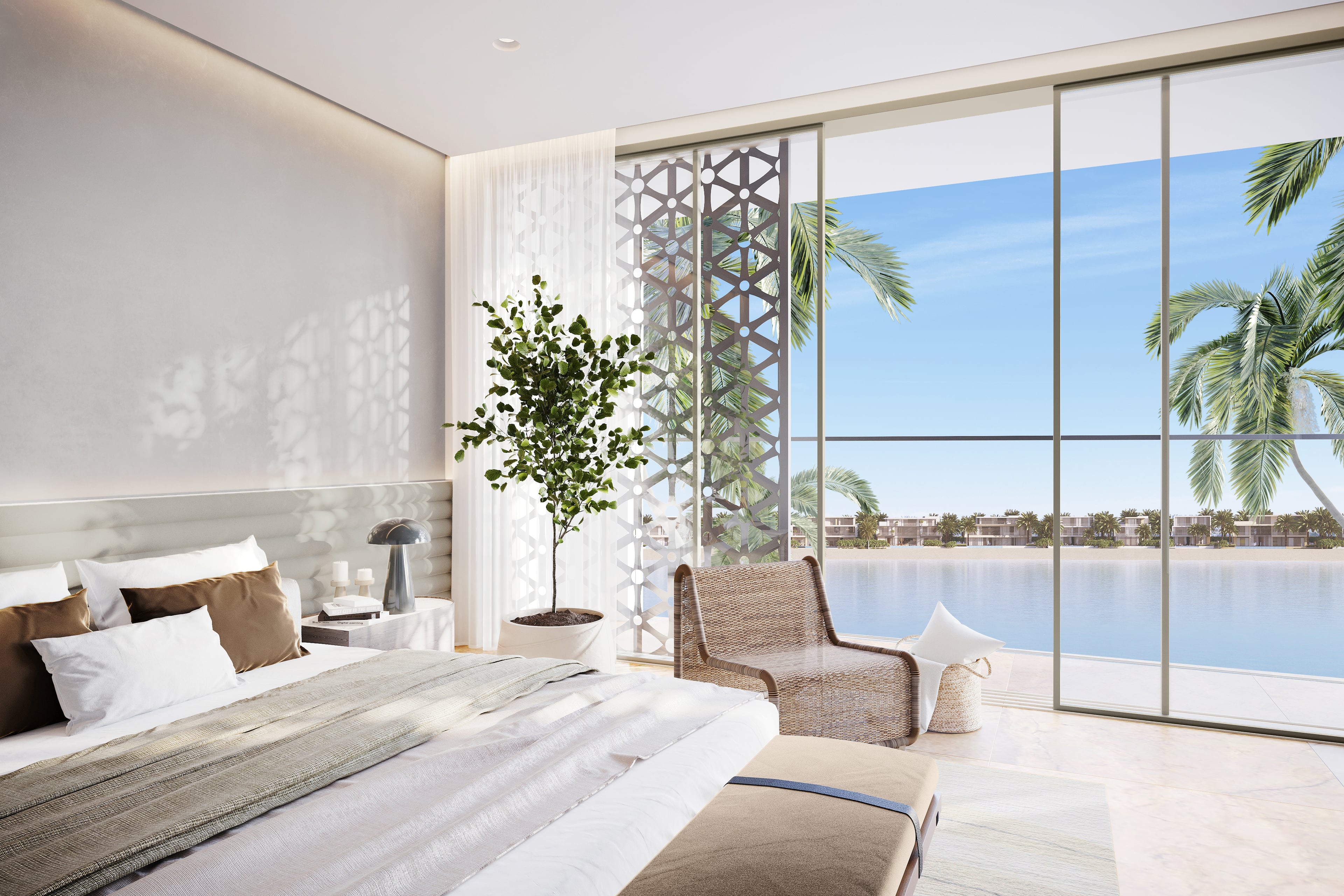 A luxurious living space featuring a designer table and chairs, bathed in warm light from a chandelier, with a breathtaking vista of a lake.