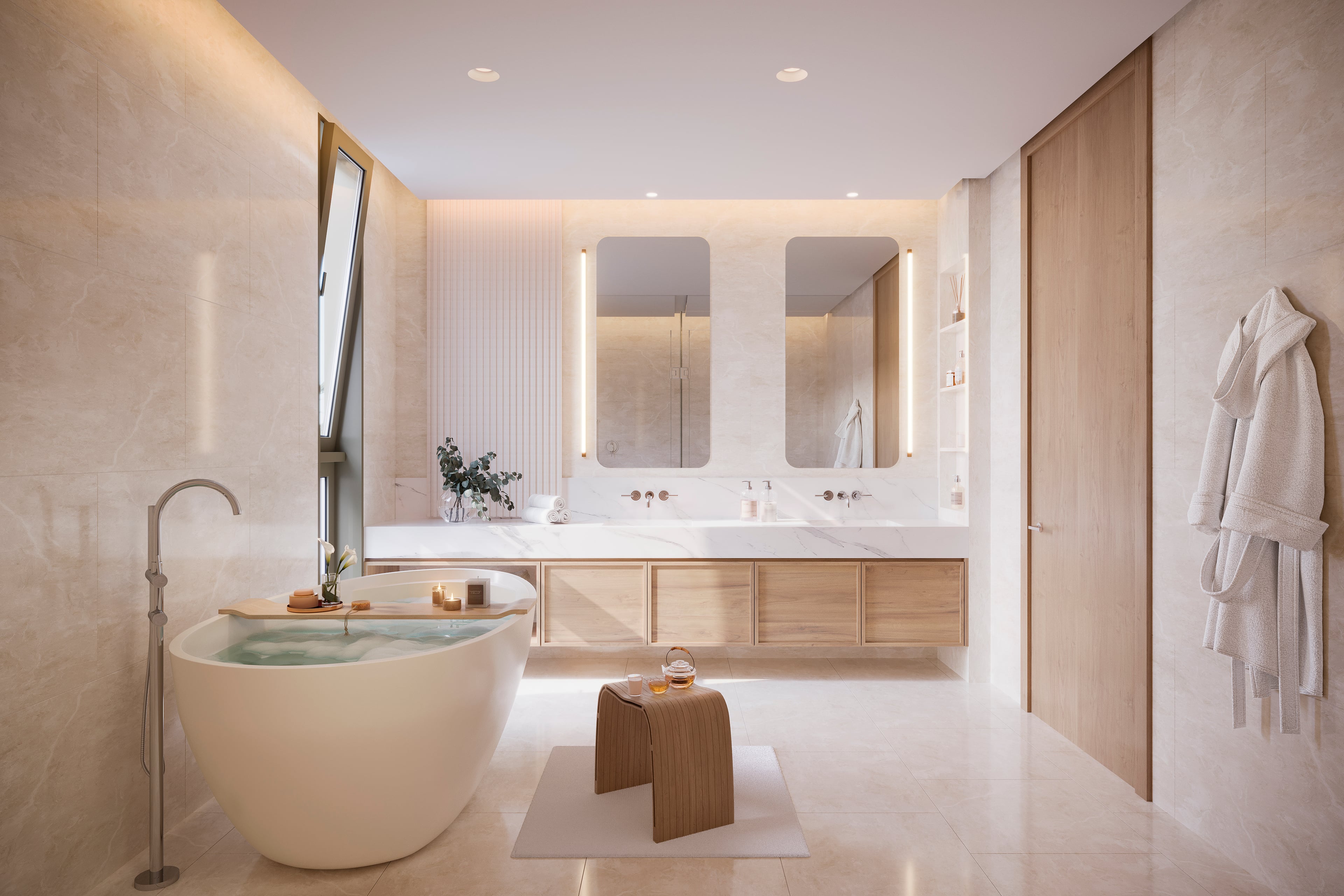 A luxurious bedroom with a balcony offering a scenic view of the sea.